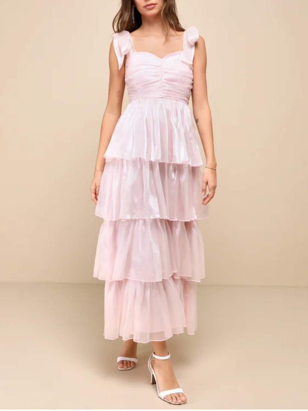 Lulus Radiant Arrival Shiny Pink Organza Tiered Tie Strap Dress Medium New